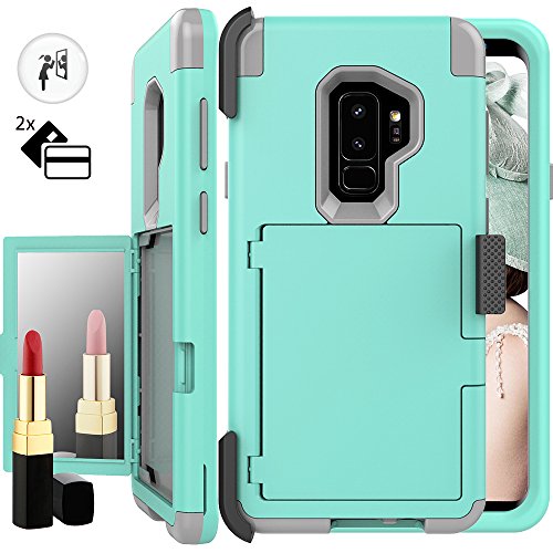 Product Cover Galaxy S9 Wallet Case,S9 Holster Case,Auker Shockproof Card Holder Design Mirror Wallet Case Heavy Duty Military Grade Armor High Impact Full Body Drop Protection Cover for Samsung Galaxy S9 (Mint)
