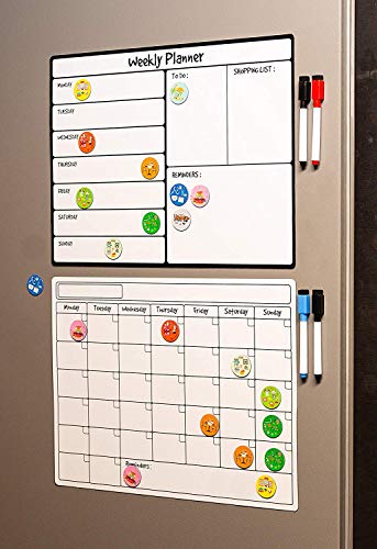 Product Cover Magnetic Dry Erase Calendar - Weekly + Monthly Planner Set with 4 Magnetic Markers and 20 icon Magnets ...