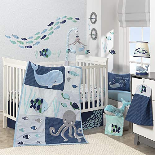 Product Cover Lambs & Ivy Oceania 6-Piece Baby Crib Bedding Set - Blue Ocean, Nautical, Aquatic, Whale, Octopus Theme