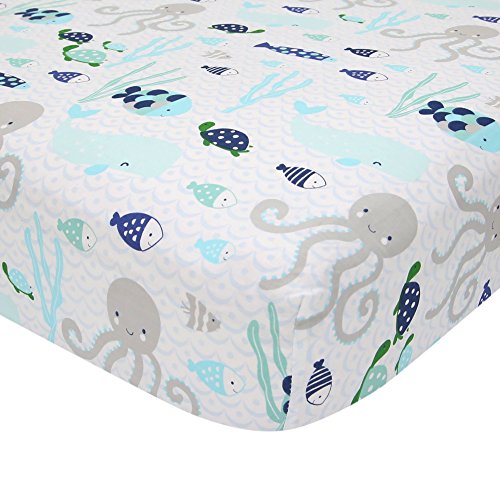 Product Cover Lambs & Ivy Oceania 100% Cotton Fitted Crib Sheet - White with Blue Nautical/Aquatic Fish and Octopus