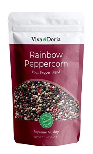 Product Cover Viva Doria Rainbow Blend Peppercorn, Steam Sterilized Whole Black Pepper, Whole Green Pepper, Whole Pink Pepper, Whole White Pepper, 12 Oz, For Grinder Refill