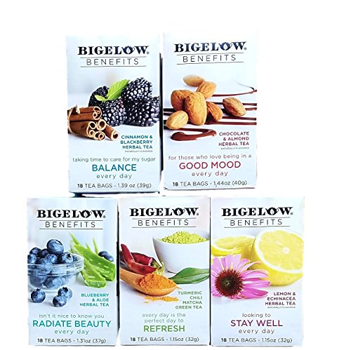 Product Cover Balance, Good Mood, Radiate Beauty, Refresh, Stay Well - Variety Pack of Bigelow Benefits Tea Bags - Bundle of 5 Boxes