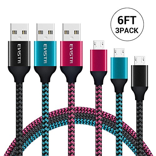 Product Cover Micro USB Cable, EVISTR 3PACK 6FT Charging Cable for Android Durable Nylon Braid Cell Phone Cable USB 2.0 A Male to Micro B Sync Data Cord Compatible with Samsung Note 5,4,3, Moto Smartphones Tablet
