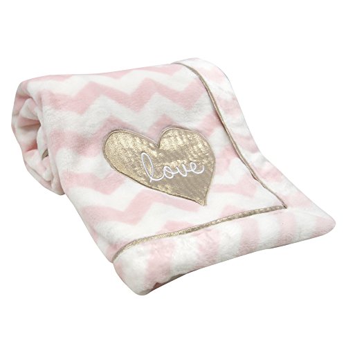 Product Cover Lambs & Ivy Baby Love Minky Blanket - Pink/White with Gold Love Heart