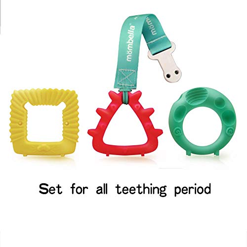 Product Cover Mombella 3 in 1 Silicone Sensory teether Toy Gift Set with a Free Clip,3 Hardness 3 Basic Colors 3 Animal Shapes for Different Stage of Teething and Playing, Easy to Hold and Easy to Clean,3M+