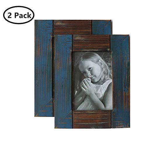 Product Cover MUAMAX Farmhouse Picture Frame 5 x 7 Set of 2 Rustic Blue Picture Frames 7 Inch Distressed Frame Reclaimed Wood Frames for Tabletop Wall Mount Display