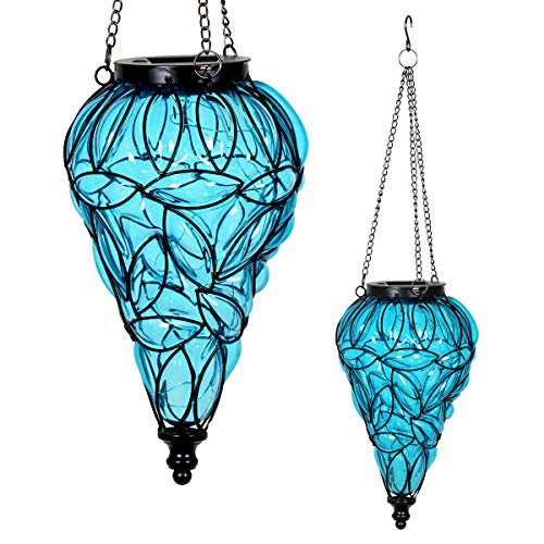 Product Cover Exhart Blue Solar Lantern - Glass Tear-Shaped Hanging Lantern - Teardrop Glass Ceiling Lantern Hangs in a Metal Cage w/ 12 Blue LED Firefly Solar Lights 7