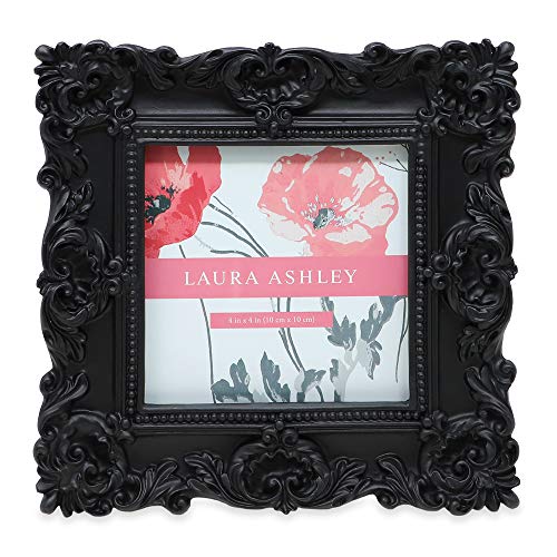 Product Cover Laura Ashley 4x4 Black Ornate Textured Hand-Crafted Resin Picture Frame with Easel & Hook for Tabletop & Wall Display, Decorative Floral Design Home Décor, Photo Gallery, Art, More (4x4, Black)