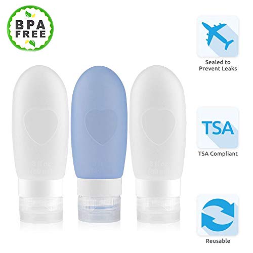 Product Cover YMWILL Portable Soft Silicone Travel Bottles- 100% Guaranteed Leak Proof, Set of 3 Oz TSA Approved Refillable Squeezable Silicone Bottles With Zippered Clear Toiletry Bag (White+White+Blue)