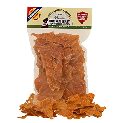 Product Cover Green Butterfly Brands Chicken Jerky - Dog Treats Made in USA Only - 1 Ingredient: USDA Grade A Chicken Breast - No Additives or Preservatives - Grain Free Snack, All Natural Premium Strips, 8 Ounces