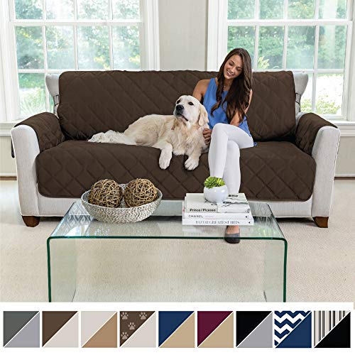 Product Cover MIGHTY MONKEY Premium Reversible Large Sofa Protector for Seat Width up to 70 Inch, Furniture Slipcover, 2 Inch Strap, Couch Slip Cover Throw for Pets, Dogs, Kids, Cats, Sofa, Chocolate Taupe