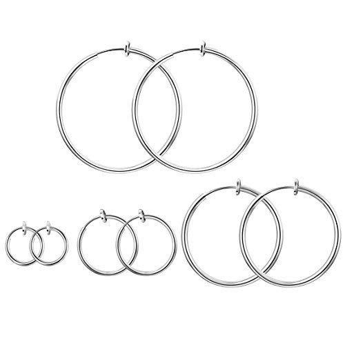 Product Cover Keklle Stainless Steel 4 Pairs Clip On Hoop Earrings for Women Men Non Pierced Earrings (A:Silver-Tone)