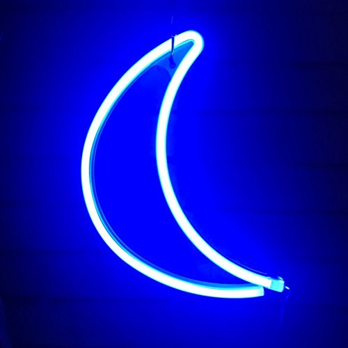 Product Cover QiaoFei Decorative Crescent Moon Neon Light,Cute Blue LED Moon Sign Shaped Decor Light,Marquee Signs/Wall Decor for Christmas,Birthday Party,Kids Room, Living Room, Wedding Party Decor(Blue)