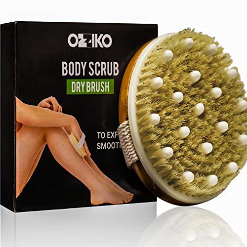 Product Cover Anti Cellulite Dry Body Brush by Ozziko. Natural Boar Bristles Dry Skin Massager Brushing Brushes for Reducing and Fighting Celulite, Fat, Scars, Acne, Ingrown Hair, Shaving Razor Bumps. 100% Natural