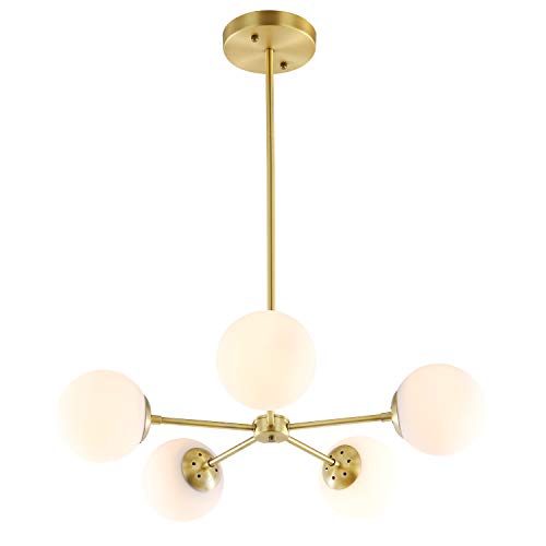 Product Cover Light Society Grammercy 5-Light Chandelier Pendant, Brushed Brass with White Frosted Globes, Classic Mid Century Modern Lighting Fixture (LS-C228-BRS-WHI)