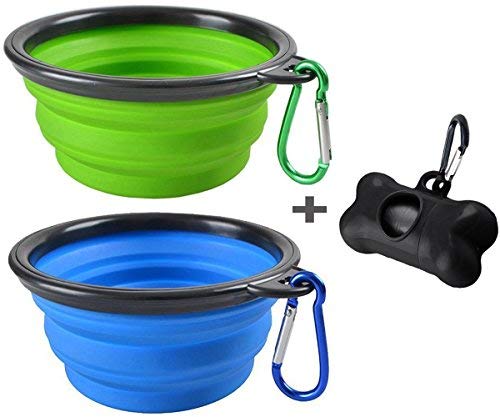 Product Cover MOGOCO 2 Pack Large Portable Collapsible Dog Bowl,Foldable Travel Bowl Dish for Pet Dog Cat Food Water Feeding,Including a Black Poop Bag Holder Dispenser and a Roll of Bags,(Blue and Green)