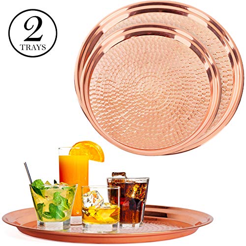 Product Cover Colleta Home Copper Tray - 2 Pack - Large Tray 15 inch, Medium Tray 13 Inch - Copper Decorative Tray