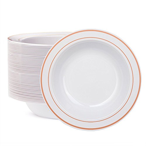 Product Cover WDF 60pcs Disposable Plastic Bowls-12 oz Soup Bowls - Rose Gold Trim Real China Design - Premium Heavy Duty Plastic Plates for Wedding/Parties (Rose Gold Bowls)