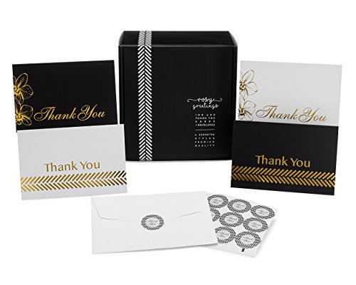 Product Cover Thank You Cards Bulk Set - 100 4x6 Thank You Notes, Envelopes & Stickers, 4 Gorgeous Designs (25 of Each) Black & Gold, White & Gold, Great for Any Occasion, Wedding, Bridal & Baby Shower Graduation