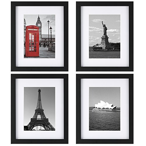 Product Cover ONE WALL Tempered Glass 8x10 Picture Frame Set of 4 with Mats for 5x7, 4x6 Photo, Black Wood Frame for Wall and Tabletop - Mounting Hardware Included