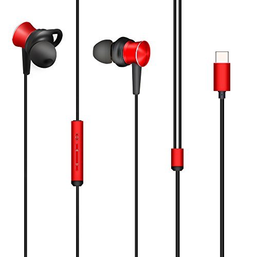 Product Cover Type C Headphones Ecoker Hi-Fi Digital Stereo Earbuds Sweatproof In-Ear Noise Cancelling Sports Earphones with Mic for Pixel 2/XL, HUAWEI Mate 10/P20/Pro, Moto Z, HTC U11/12, Essential PH-1, LG - Red
