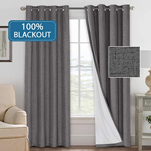 Product Cover H.VERSAILTEX 100% Blackout Curtains Window Treatment Grommet Linen Like Primitive Thermal Insulated Grey Curtains with White Backing (2 Panels Set), 52 by 84 Inch