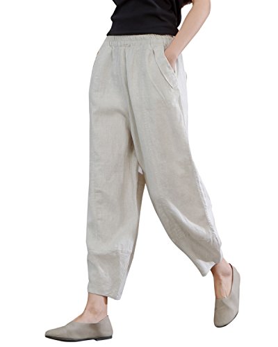Product Cover IXIMO Women's 100% Linen Pants Relax Fit Lantern Cropped TaperedPants Trousers with Elastic Waist