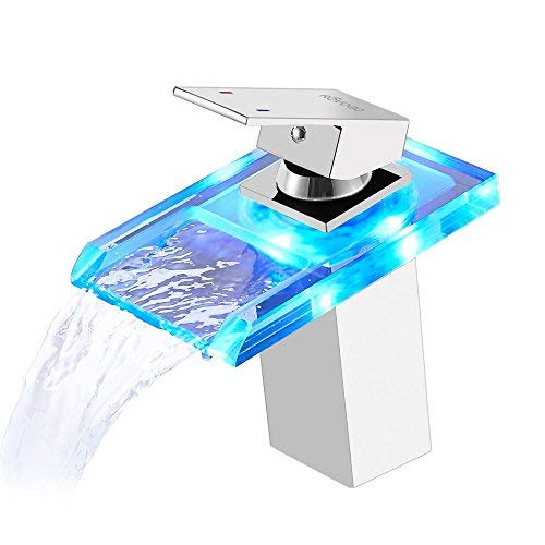 Product Cover ROVOGO Bathroom LED Light Sink Faucet, Waterfall Glass Spout Basin Faucet, Cold and Hot Water Mixer Sink Tap, Temperature Sensitive 3 Colors Changes, Brass Body Chrome Finish