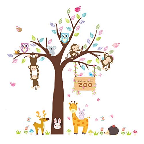 Product Cover elecmotive Forest Animal Giraffe Monkey Owls Hedgehog Rabbit Tree Nursery Wall Stickers Wall murals DIY Posters Vinyl Removable Art Wall Decals for Kids Girls Room Decoration (Zoo)