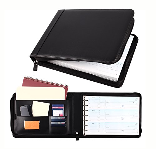 Product Cover Business Check 7 Ring Binder for 3-Up Checks PU Leather Portfolio Checkbook Cover with Zipper (Black)