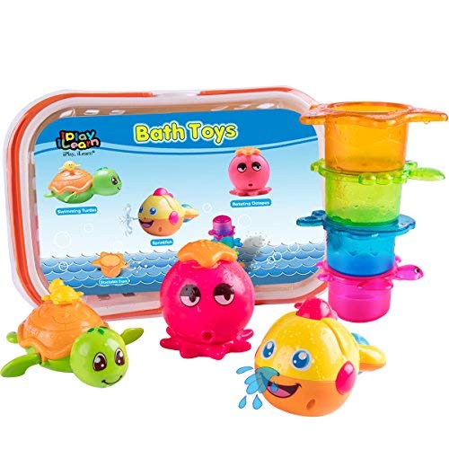 Product Cover Iplay, Ilearn Bath Toy, Bathtub Water Shower Play Set, Octopus, Swimming Turtle Animal, Stacking Cups With Storage, Fun For Age 6, 9, 12, 18 Months And 1, 2, 3 Year Olds Toddler Kid Baby Girl Boy