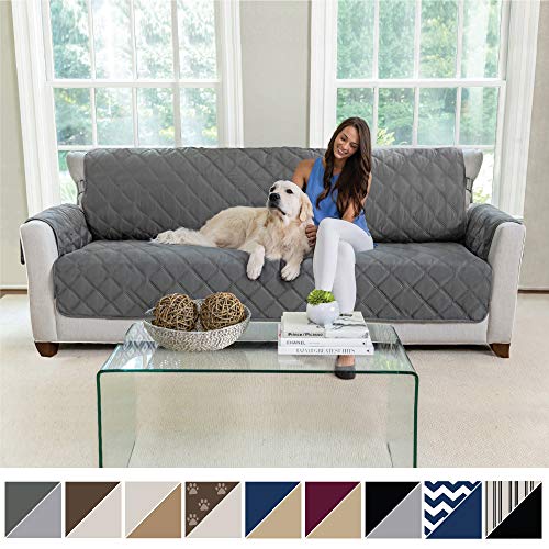 Product Cover MIGHTY MONKEY Premium Reversible X-Large Oversized Sofa Protector for Seat Width up to 78 Inch, Furniture Slipcover, 2 Inch Strap, Couch Slip Cover Throw for Pets, Cats, Sofa, Charcoal Light Gray