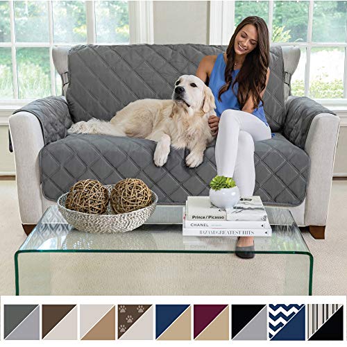 Product Cover MIGHTY MONKEY Premium Reversible Loveseat Slipcover, Seat Width to 54 Inch Furniture Protector, 2 Inch Elastic Strap, Washable Slip, Protects from Pets, and Kids, Love Seat, Charcoal Light Gray