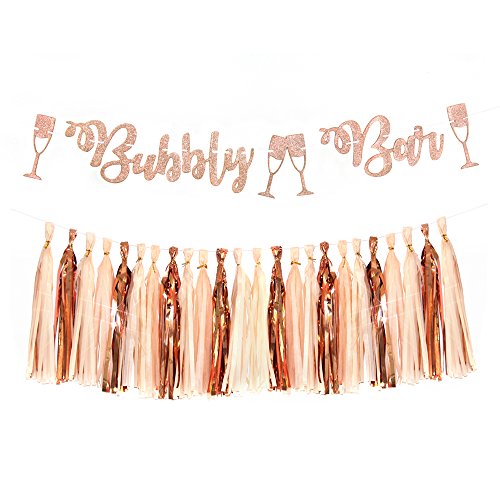 Product Cover Glitter Rose Gold Bubbly Bar Mimosa Bar Banner Sign Tassel Garland for Bachelorette Bridal Shower Engagement Party Decor Wedding Bar Banner Wedding Party Supplies