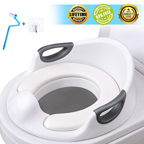 Product Cover Potty Training Seat for Toddlers Toilet Seat Kids Potty Trainer Seats with Soft Cushion Handles for Round Oval Toilets Double Anti-Slip Design and Splash Guard for Boys and Girls (White)