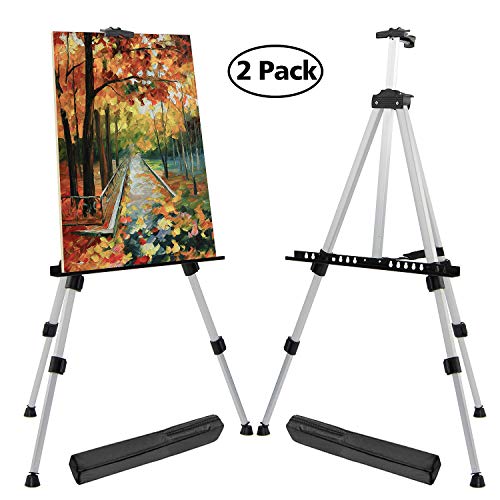 Product Cover T-SIGN 66 Inches Reinforced Artist Easel Stand, Extra Thick Aluminum Metal Tripod Display Easel 21 to 66 Inches Adjustable Height with Portable Bag for Floor/Table-Top Drawing and Displaying, 2 Pack