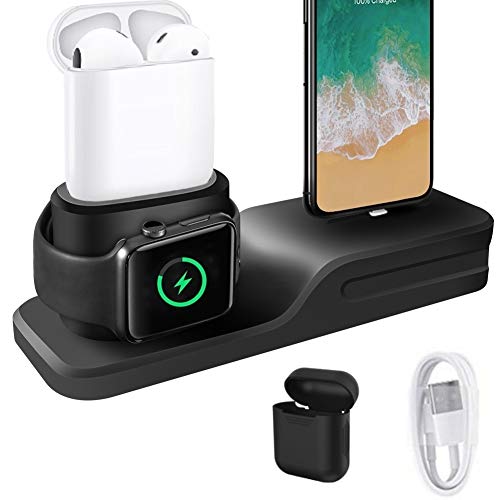 Product Cover KEHANGDA 3 in 1 Charging Stand for iPhone AirPods Apple Watch Charger Dock Station Silicone,Support for Apple Watch Series 3/2/ 1/ AirPods/iPhone X/8/8 Plus/ 7/7 Plus /6s Black