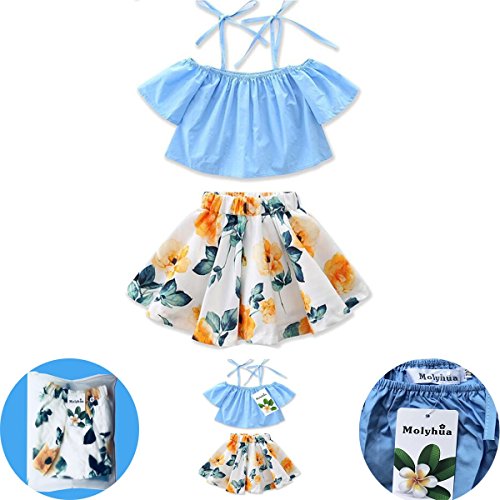 Product Cover MOLYHUA Baby Girls Outfits, 2Pcs Off-Shoulder Tops + Floral Print Skirt Set