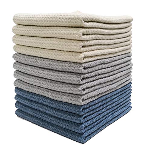 Product Cover Polyte Premium Microfiber Kitchen Dish Hand Towel Waffle Weave (Dark Blue, Gray, Off White, 16x28) 12 Pack