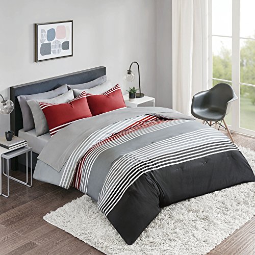 Product Cover Comfort Spaces Colin 9 Piece Comforter Set All Season Microfiber Stripe Printed Bedding and Sheet with Two Side Pockets, Full, Red/Grey