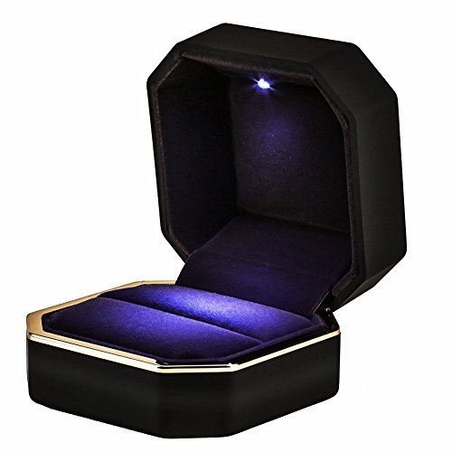 Product Cover AVESON Luxury Ring Box, Square Velvet Wedding Ring Case Jewelry Gift Box with LED Light for Proposal Engagement Wedding, Black