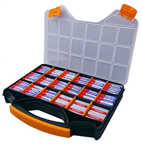 Product Cover Massca Battery Storage Box Organizer Stores AAA, AA, and C Size. Hinged Box Made of Durable Plastic in a Slim Design with 18 compartments.