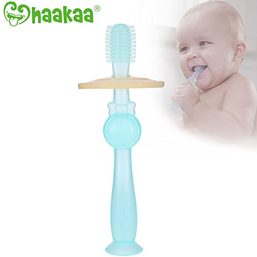 Product Cover haakaa 360° Silicone Baby Toothbrush Teether with Suction Base Infant Toothbrush Training Massage Teether for Baby,1pc (Blue)