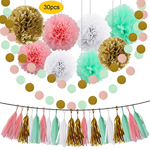 Product Cover HEARTFEEL Bridal Shower Decorations Mint Baby Pink White Gold Tissue Pom Poms Paper Flowers Ball Tassel Garland Best for Mint Theme Party Decorations Birthday Baby Shower Wedding Nursery Decoration