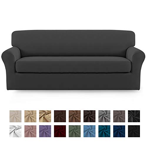 Product Cover Easy-Going 2 Pieces Microfiber Stretch Sofa Slipcover - Spandex Soft Fitted Sofa Couch Cover, Washable Furniture Protector with Elastic Bottom for Kids,Pet （Sofa，Gray）