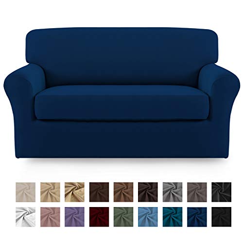Product Cover Easy-Going 2 Pieces Microfiber Stretch Sofa Slipcover - Spandex Soft Fitted Sofa Couch Cover, Washable Furniture Protector with Elastic Bottom Kids,Pet （Loveseat，Navy）