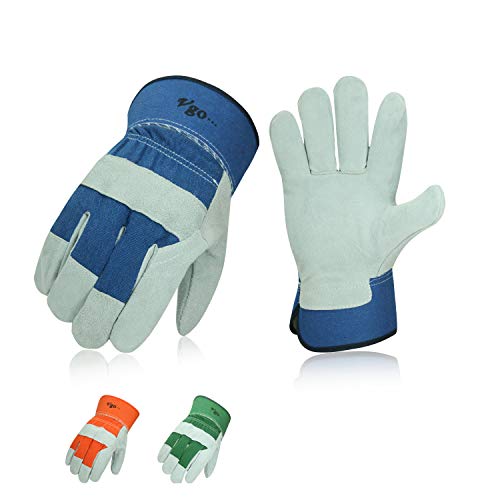 Product Cover Vgo 3Pairs Cow Split Leather Men's Work Gloves with Safety Cuff (Size M, Blue&Orange&Green, CB3501)
