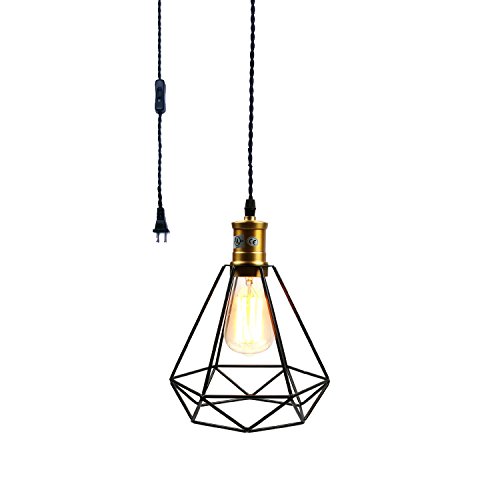 Product Cover Pauwer Wire Cage Pendant Light Plug In Vintage Pendant Light with On/off switch (Black B)