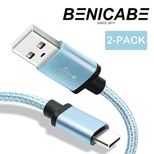 Product Cover for Samsung Galaxy S8 Charger, Benicabe (2-Pack 6FT) USB Type C Fast Charging Cable Nylon Braided Cord with Velcro Straps for Samsung S10 S9 S9 Plus Note 8, Pixel 2, LG V20 (Sky Blue/White)