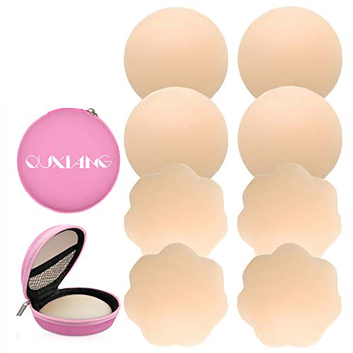 Product Cover QUXIANG 4 Pairs Pasties Women Nipple Covers Reusable Adhesive Silicone Nippleless Covers (2 Round+2 Flower)